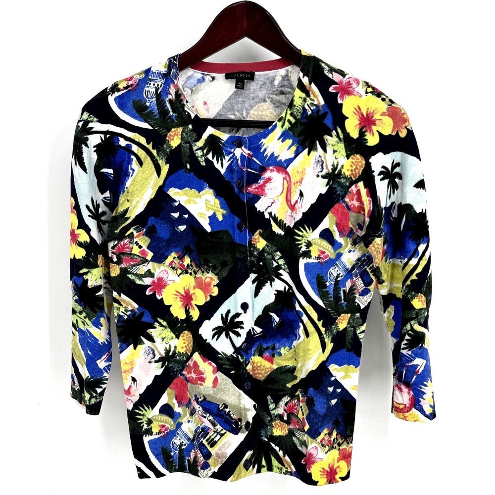 Talbots Tropical Flamingo Travel‎ Print Button Front Cardigan Sweater XS